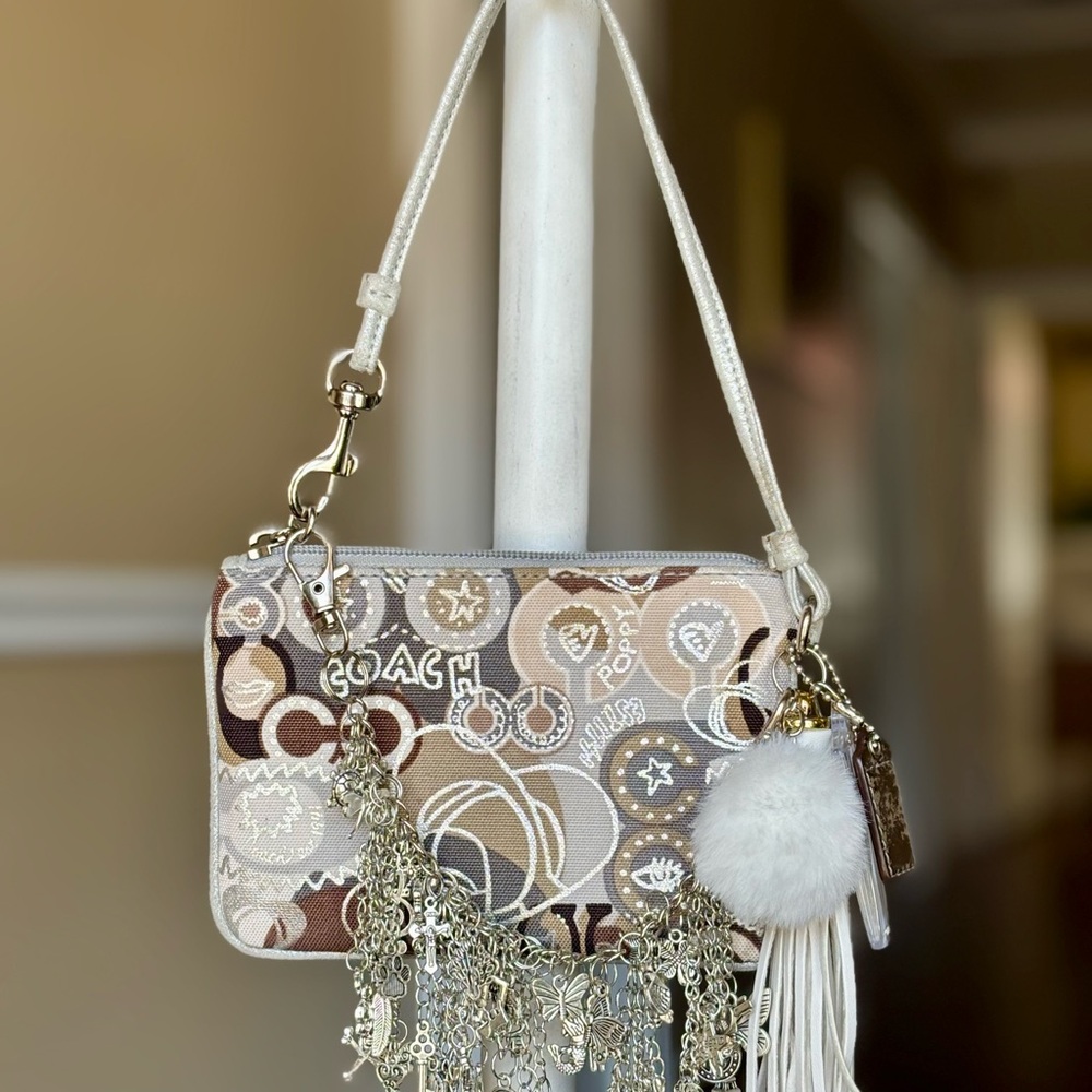 Coach Cream and Brown Clutch with Rhinestone Embellishments